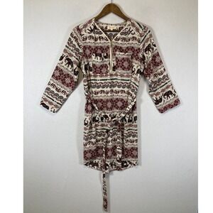 Boho Elephant Print Stella Tweed Women Small Burgundy Cream Zip Tunic Dress